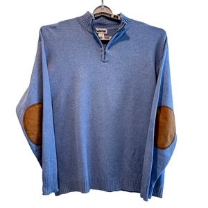Visitor Mens Large Blue‎ Silk Wool Quarter Zip Sweater Suede Elbow Patches VTG